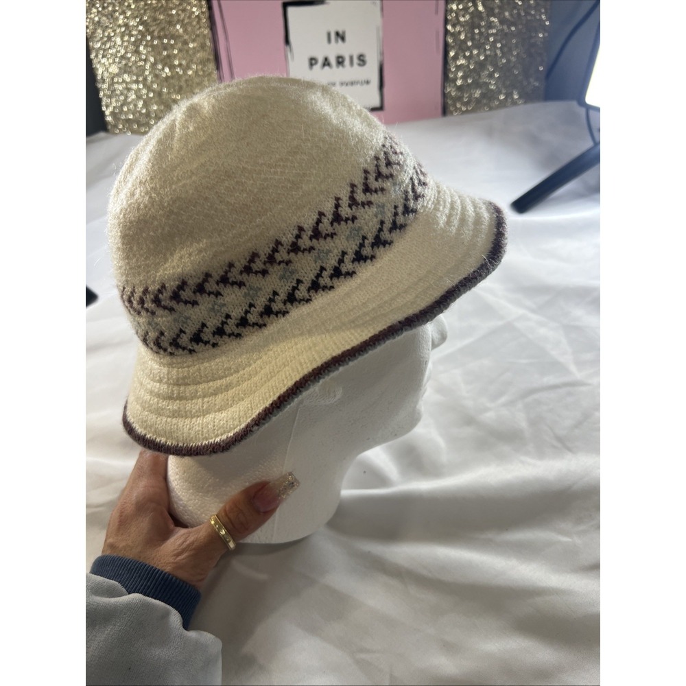 VINTAGE Women's Wool Argyle Knit Bowler Style Brimmed Hat Winter White RARE Boho